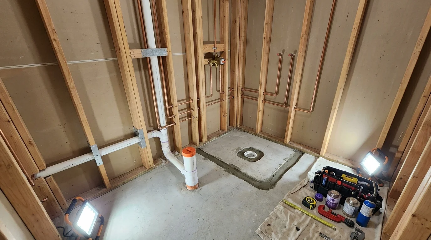 Bathroom rough-in plumbing during remodel by Johns Plumbing LLC in Saint Charles