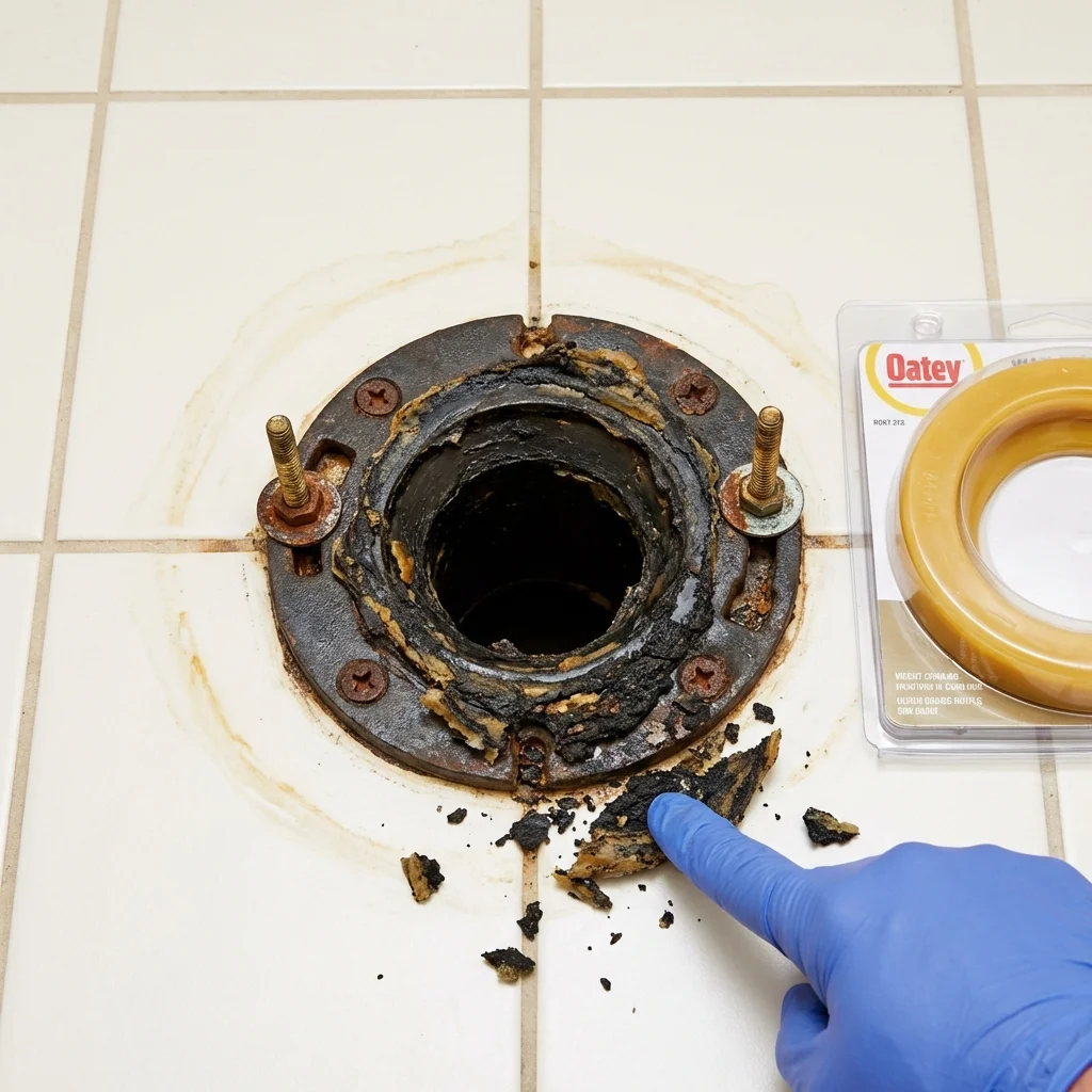 Failed wax ring showing water seepage at the base of a toilet in a Saint Charles, MN home