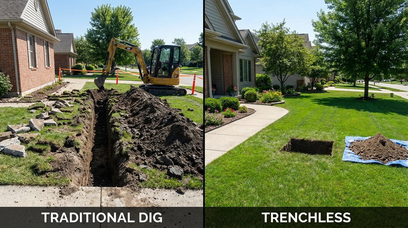 Trenchless sewer repair with minimal yard damage versus traditional excavation in Saint Charles, MN