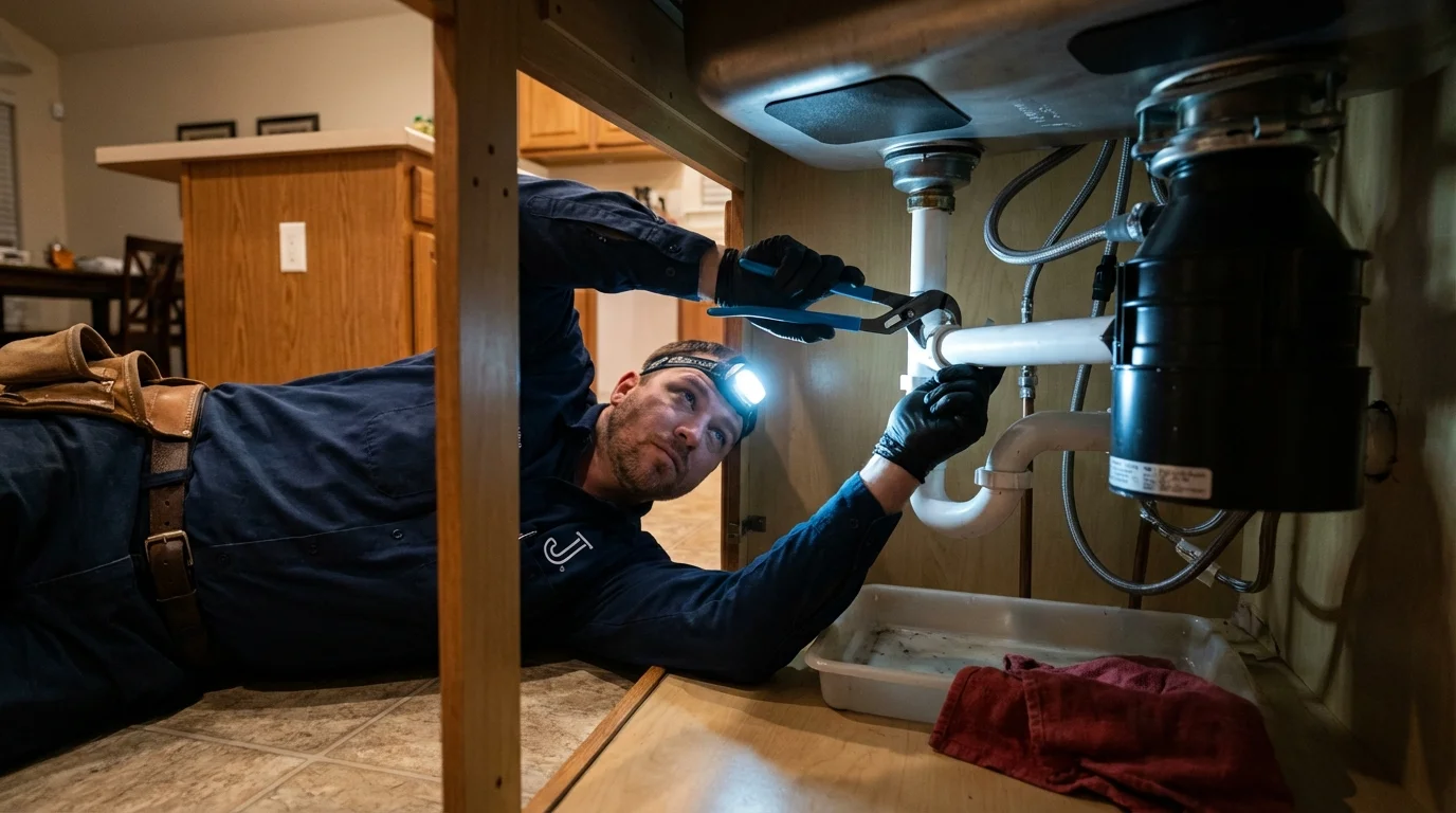 P-trap and supply line connections under a kitchen sink showing a common leak point in Saint Charles, MN